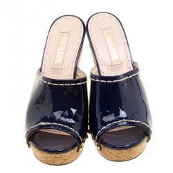 Prada Oxford Blue Patent Leather Cork Heel Peep Toe Slide Sandals Size 36.5