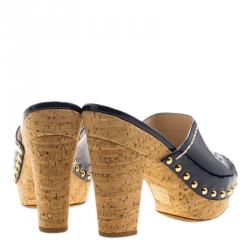 Prada Oxford Blue Patent Leather Cork Heel Peep Toe Slide Sandals Size 36.5