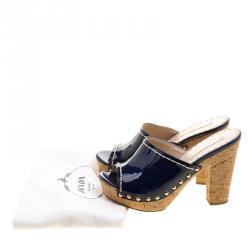 Prada Oxford Blue Patent Leather Cork Heel Peep Toe Slide Sandals Size 36.5
