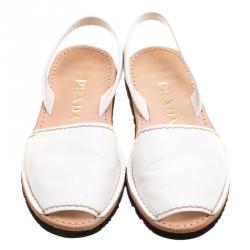 Pre Owned Prada White Leather Peep Toe Slingback Flats Size 38