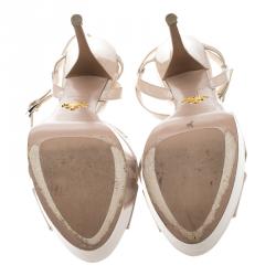 Pre Owned Prada Beige Patent Leather Cross Strap Peep Toe Platform Sandals Size 39