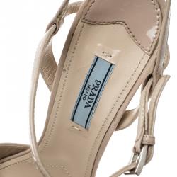Pre Owned Prada Beige Patent Leather Cross Strap Peep Toe Platform Sandals Size 39