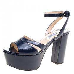 Pre Owned Prada Blue Patent Saffiano Leather Ankle Strap Block Heel Platform Sandals Size 37