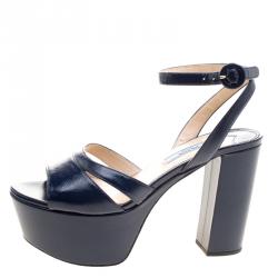 Pre Owned Prada Blue Patent Saffiano Leather Ankle Strap Block Heel Platform Sandals Size 37