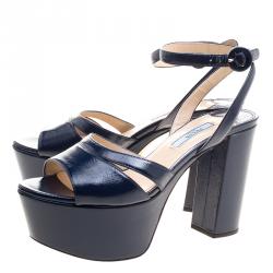 Pre Owned Prada Blue Patent Saffiano Leather Ankle Strap Block Heel Platform Sandals Size 37