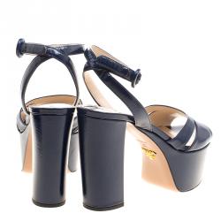 Pre Owned Prada Blue Patent Saffiano Leather Ankle Strap Block Heel Platform Sandals Size 37