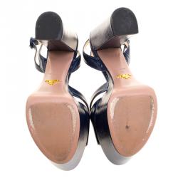 Pre Owned Prada Blue Patent Saffiano Leather Ankle Strap Block Heel Platform Sandals Size 37