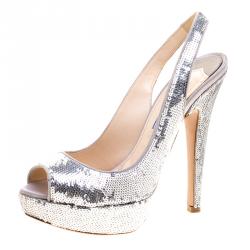 Prada Silver Sequins Embellished Peep Toe Platform Slingback Sandals Size 36