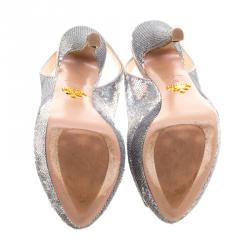 Prada Silver Sequins Embellished Peep Toe Platform Slingback Sandals Size 36