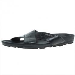 Prada Sport Black Croc Embossed Criss Cross Slides Size 41