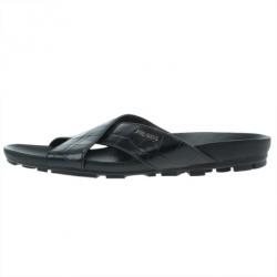 Prada Sport Black Croc Embossed Criss Cross Slides Size 41