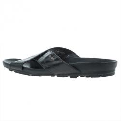 Prada Sport Black Croc Embossed Criss Cross Slides Size 41