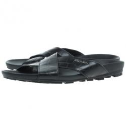 Prada Sport Black Croc Embossed Criss Cross Slides Size 41