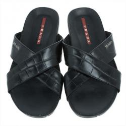 Prada Sport Black Croc Embossed Criss Cross Slides Size 41