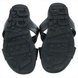 Prada Sport Black Croc Embossed Criss Cross Slides Size 41