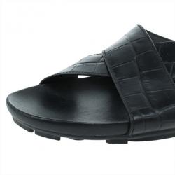 Prada Sport Black Croc Embossed Criss Cross Slides Size 41
