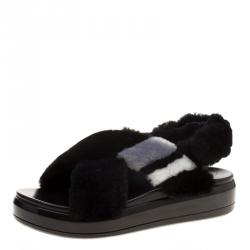 Pre Owned Prada Black Faux Fur Criss Cross Strap Flat Sandals Size 39
