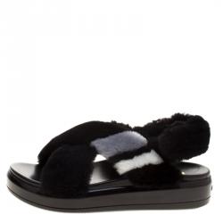 Pre Owned Prada Black Faux Fur Criss Cross Strap Flat Sandals Size 39