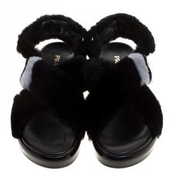 Pre Owned Prada Black Faux Fur Criss Cross Strap Flat Sandals Size 39