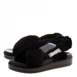 Pre Owned Prada Black Faux Fur Criss Cross Strap Flat Sandals Size 39