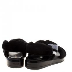 Pre Owned Prada Black Faux Fur Criss Cross Strap Flat Sandals Size 39
