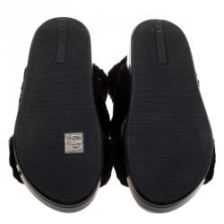 Pre Owned Prada Black Faux Fur Criss Cross Strap Flat Sandals Size 39