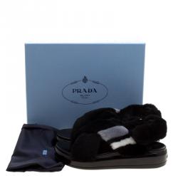 Pre Owned Prada Black Faux Fur Criss Cross Strap Flat Sandals Size 39