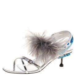 Pre Owned Prada Metallic Silver Leather with Ostrich Feathers Trim Strappy Sandals Size 39