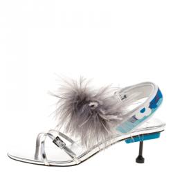 Pre Owned Prada Metallic Silver Leather with Ostrich Feathers Trim Strappy Sandals Size 39