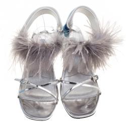 Pre Owned Prada Metallic Silver Leather with Ostrich Feathers Trim Strappy Sandals Size 39