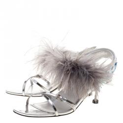 Pre Owned Prada Metallic Silver Leather with Ostrich Feathers Trim Strappy Sandals Size 39