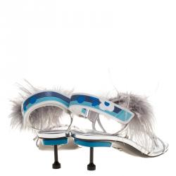 Pre Owned Prada Metallic Silver Leather with Ostrich Feathers Trim Strappy Sandals Size 39