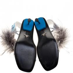 Pre Owned Prada Metallic Silver Leather with Ostrich Feathers Trim Strappy Sandals Size 39