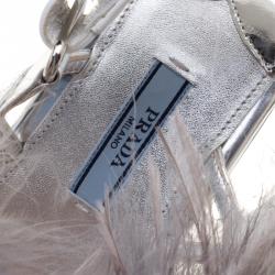 Pre Owned Prada Metallic Silver Leather with Ostrich Feathers Trim Strappy Sandals Size 39