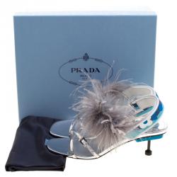 Pre Owned Prada Metallic Silver Leather with Ostrich Feathers Trim Strappy Sandals Size 39