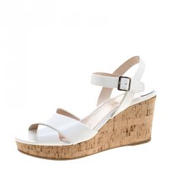 Prada White Patent Leather Criss Cross Ankle Strap Cork Wedge Sandals Size 36