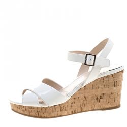 Prada White Patent Leather Criss Cross Ankle Strap Cork Wedge Sandals Size 36