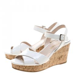 Prada White Patent Leather Criss Cross Ankle Strap Cork Wedge Sandals Size 36