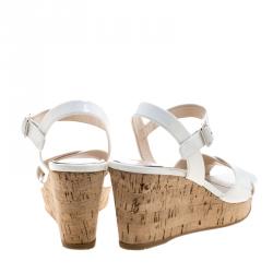 Prada White Patent Leather Criss Cross Ankle Strap Cork Wedge Sandals Size 36