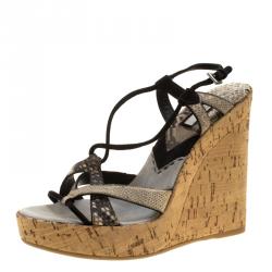 Pre Owned Prada Two Tone Python and Lizard Leather Cork Wedge Open Toe Sandals Size 38.5