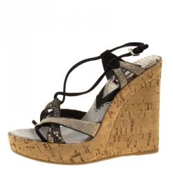 Pre Owned Prada Two Tone Python and Lizard Leather Cork Wedge Open Toe Sandals Size 38.5
