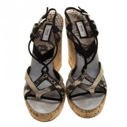 Pre Owned Prada Two Tone Python and Lizard Leather Cork Wedge Open Toe Sandals Size 38.5