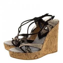 Pre Owned Prada Two Tone Python and Lizard Leather Cork Wedge Open Toe Sandals Size 38.5