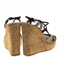 Pre Owned Prada Two Tone Python and Lizard Leather Cork Wedge Open Toe Sandals Size 38.5