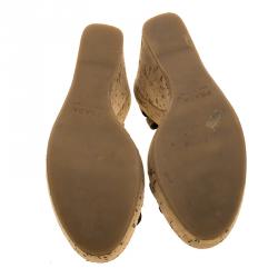 Pre Owned Prada Two Tone Python and Lizard Leather Cork Wedge Open Toe Sandals Size 38.5