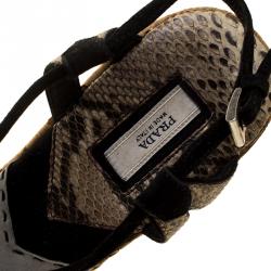 Pre Owned Prada Two Tone Python and Lizard Leather Cork Wedge Open Toe Sandals Size 38.5