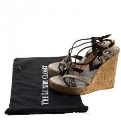Pre Owned Prada Two Tone Python and Lizard Leather Cork Wedge Open Toe Sandals Size 38.5