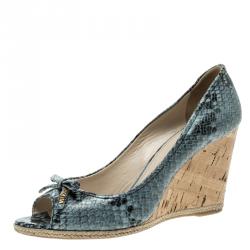 Pre Owned Prada Light Blue/Black Python Embossed Leather Peep Toe Wedge Pumps Size 38.5