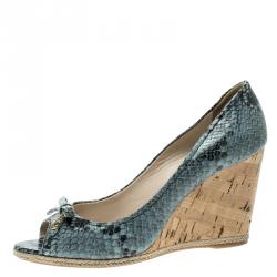Pre Owned Prada Light Blue/Black Python Embossed Leather Peep Toe Wedge Pumps Size 38.5