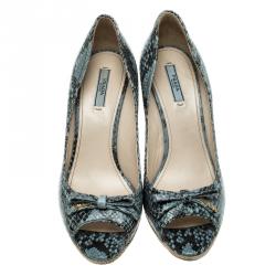 Pre Owned Prada Light Blue/Black Python Embossed Leather Peep Toe Wedge Pumps Size 38.5